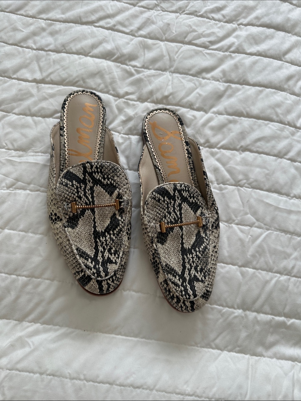 Sam Edelman Snake-Print Backless Mules with Gold Accent - Beige & Black - Picture 1 of 8